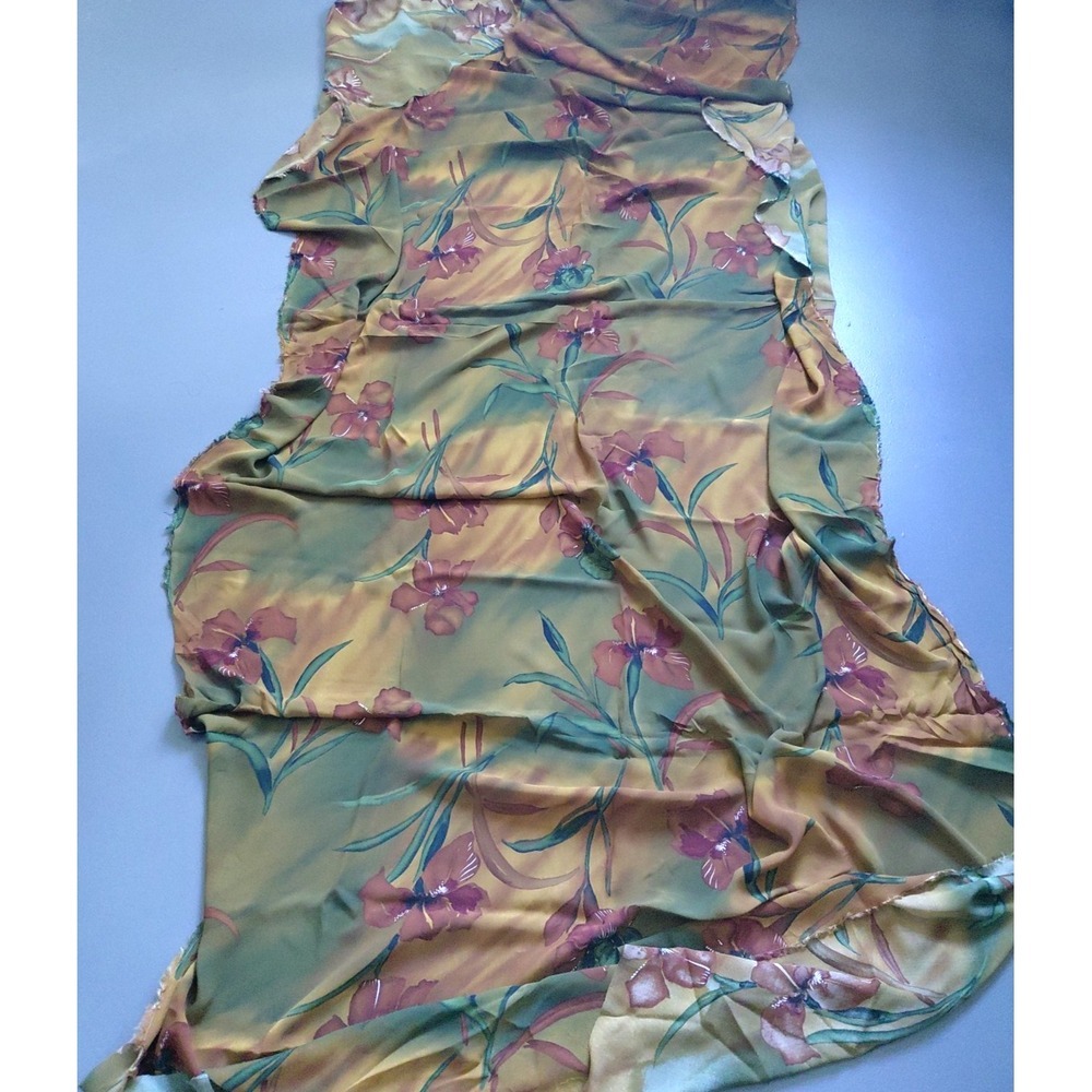 Vintage Fabric Flowing Floral Green Rust 70's Sheer 3 Yards Silky Retro Chic NOS